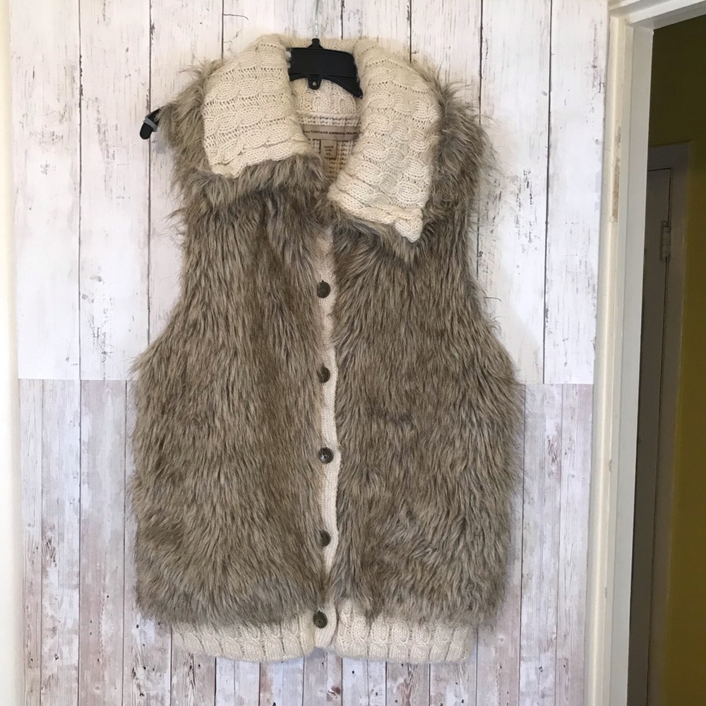 Nine West Vintage America Jeans Wool Blend Faux Fur Button Down Sweater Vest XL